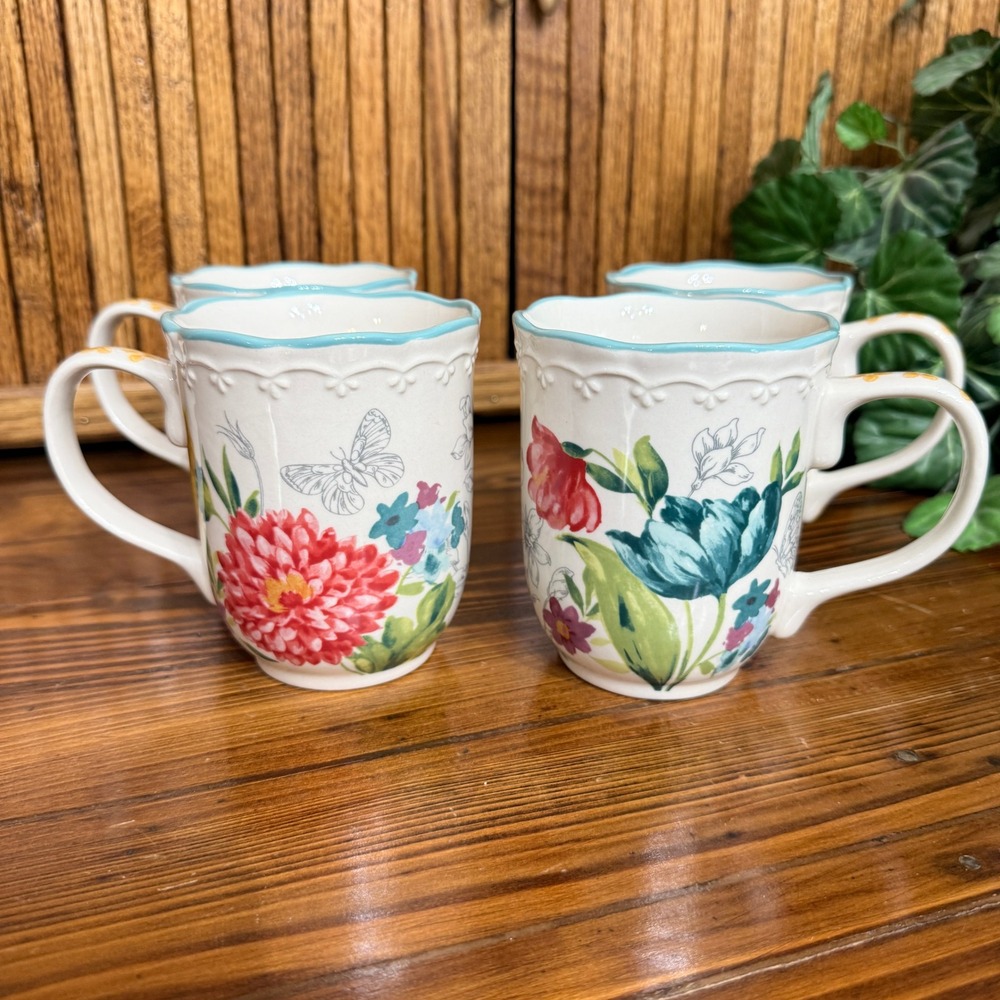 Pioneer Woman Blooming Bouquet Mugs Set of 4 Multicolor Floral Stoneware - Picture 2 of 8
